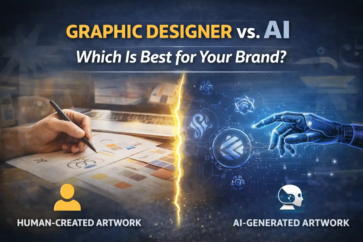Graphic designer developing human-crafted brand artwork alongside AI design tools