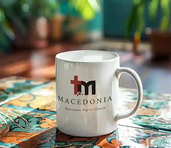 Macedonia MBC logo on a coffee mug