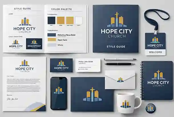Complete brand identity package including logo design, color scheme, typography, and style guide for church branding consistency