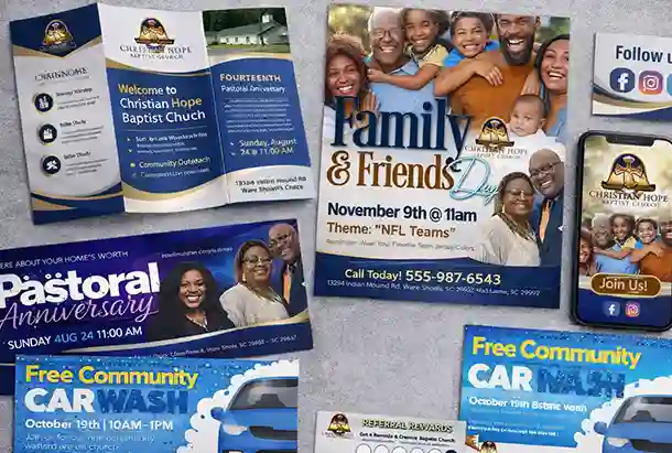 Event promotion graphics showing vibrant colors, clear typography, and engaging visuals for church events and programs