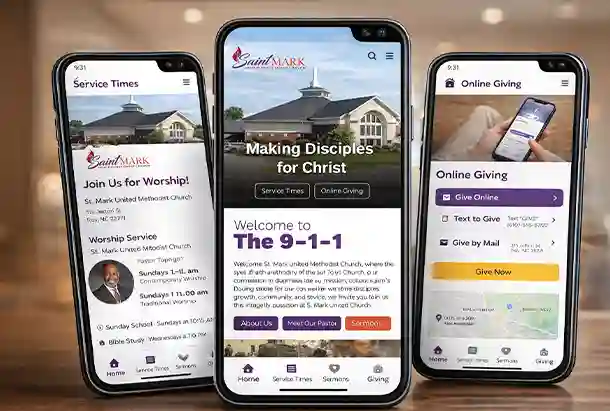 Mobile-optimized church website interfaces showing easy navigation, quick access to service times, and responsive design elements