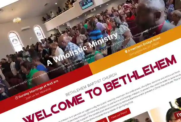 Modern church homepage design with welcoming hero section, service times, and welcome prominently displayed