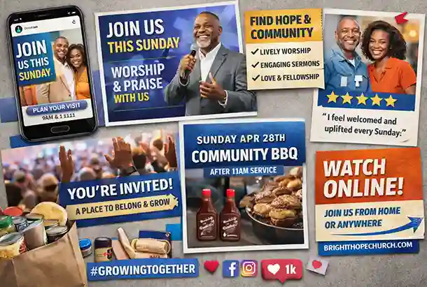 Social media campaign showing consistent branding across platforms with event reminders, and community engagement content