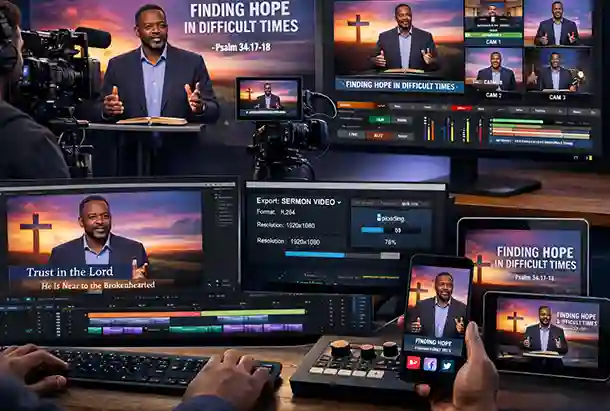 Professional sermon video production with multi-camera setup, graphics, and post-production editing for online streaming and sharing